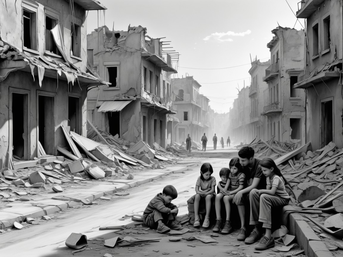 Children in a desolate urban landscape of rubble