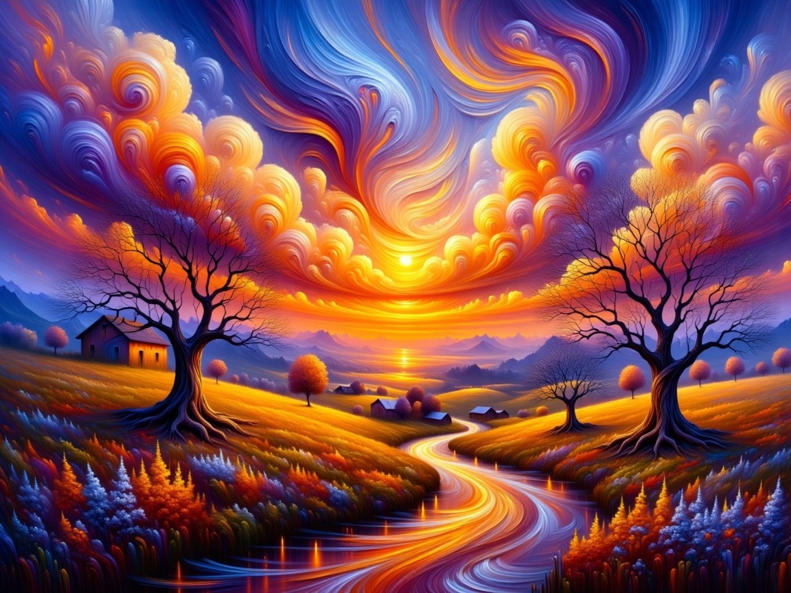 Vibrant Sunset Landscape with Trees and River