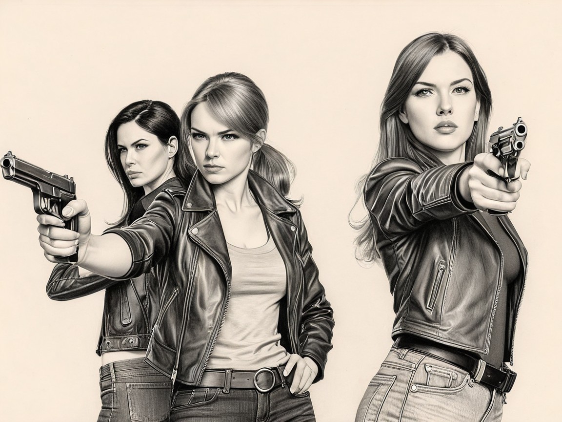 Three women in leather jackets with handguns drawn