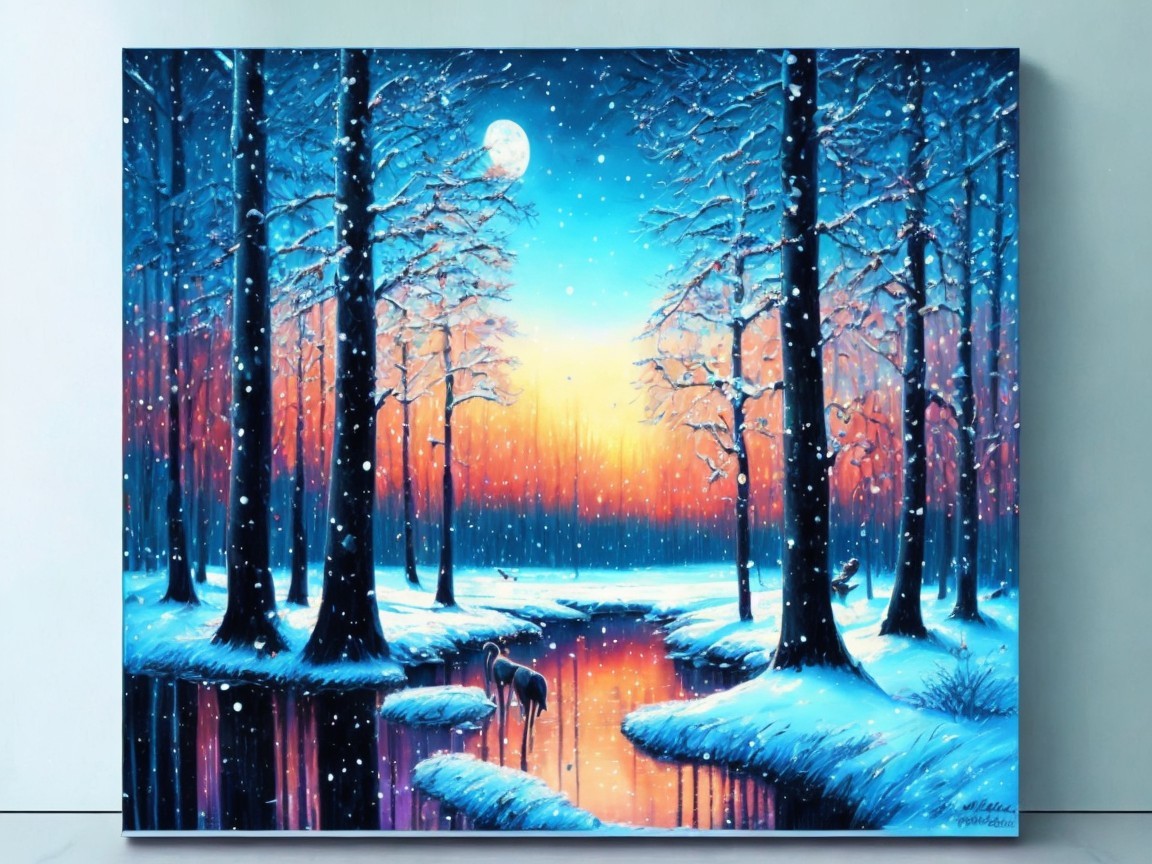 Serene Winter Landscape with Deer at Dusk