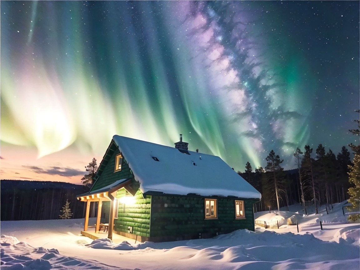 Cozy Green Cabin Under Northern Lights in Snowy Landscape