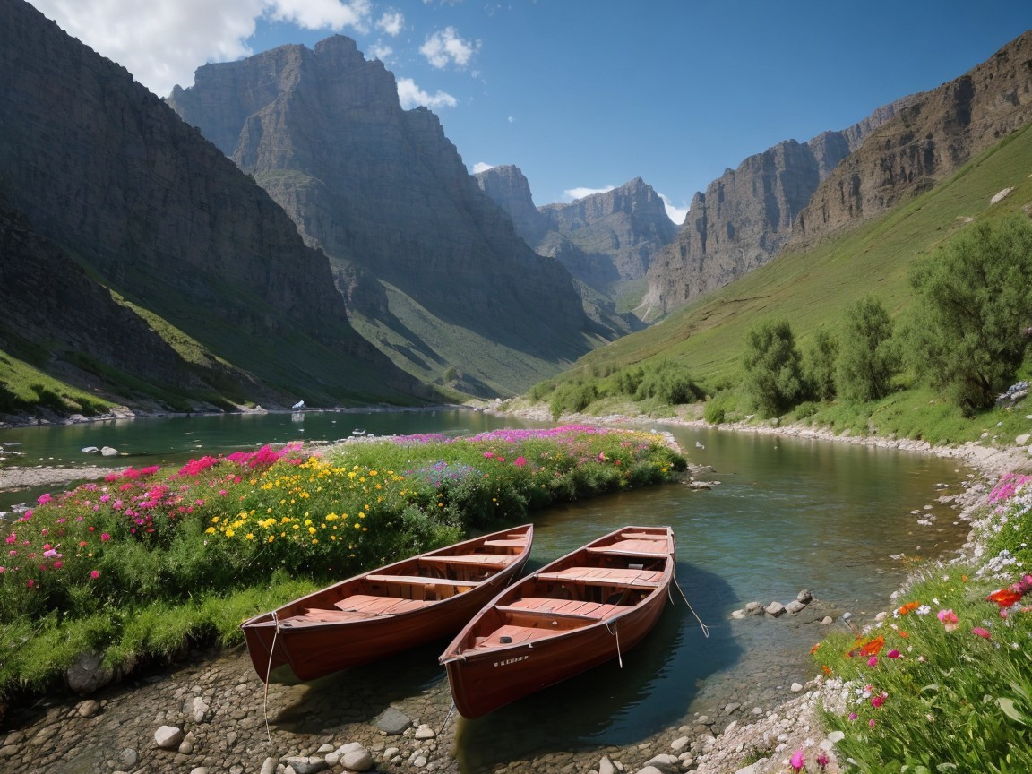 Serene Landscape with Boats by a Clear Blue River
