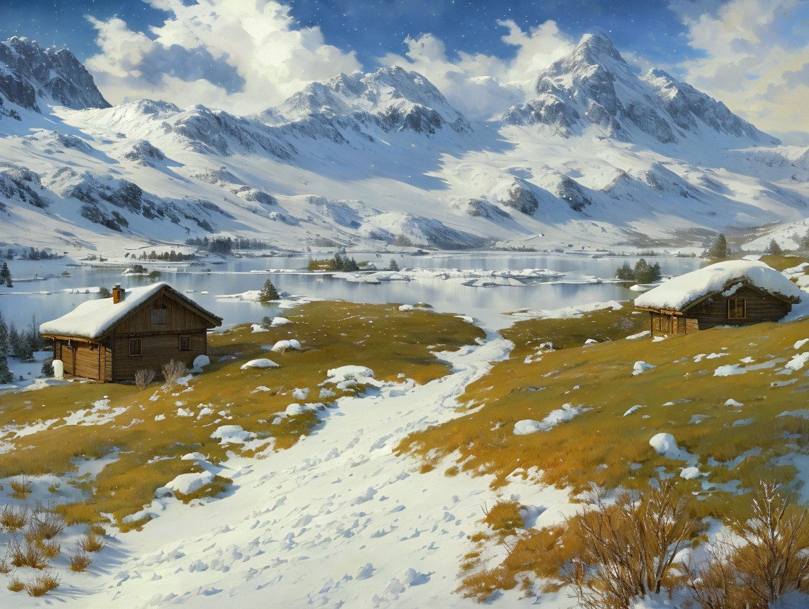 Serene Winter Landscape with Cabins and Mountains