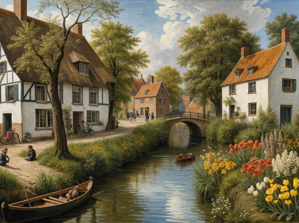 Serene Village Scene with Cottages and Canal