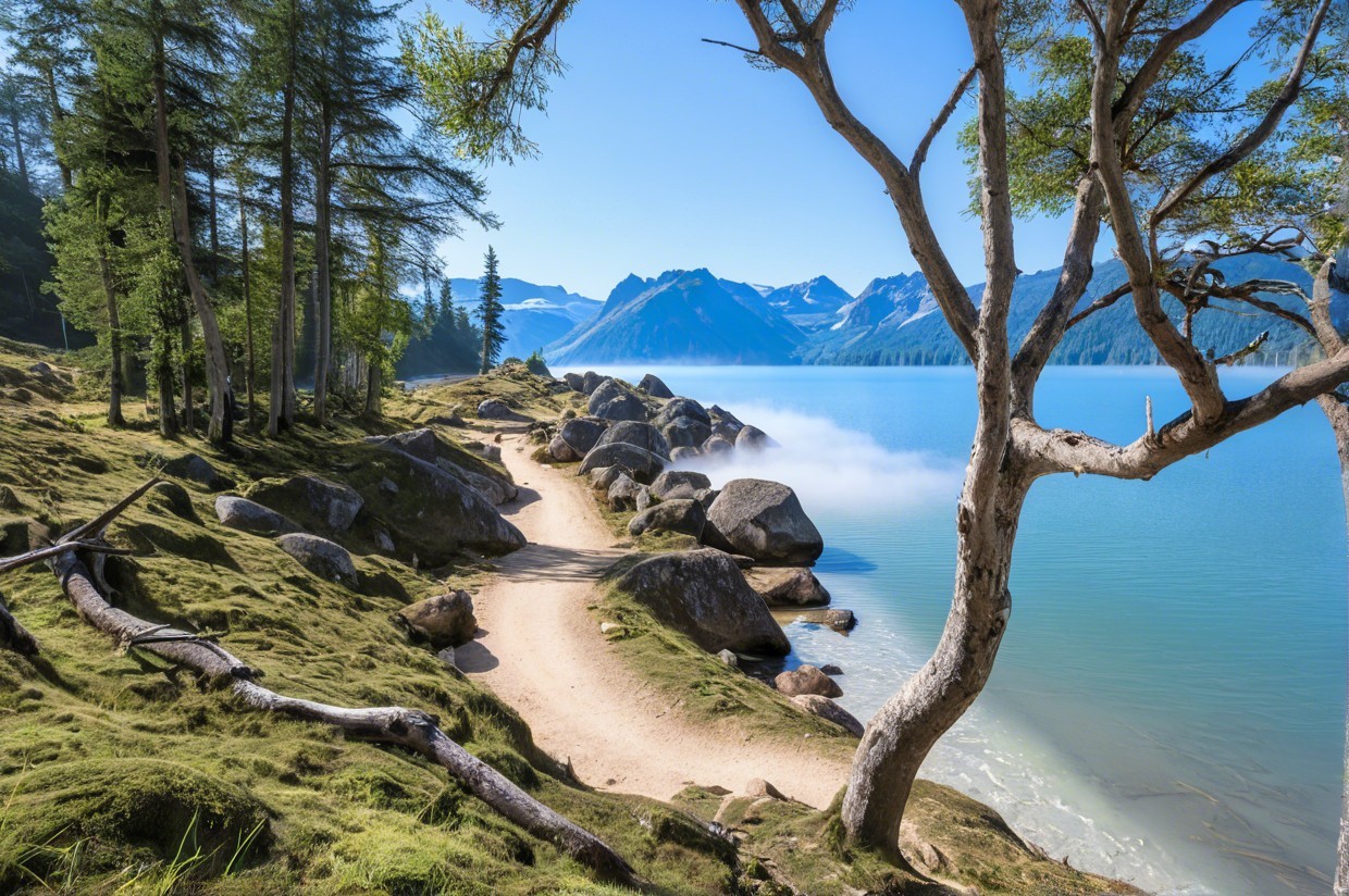 Tranquil Lake Surrounded by Majestic Mountains
