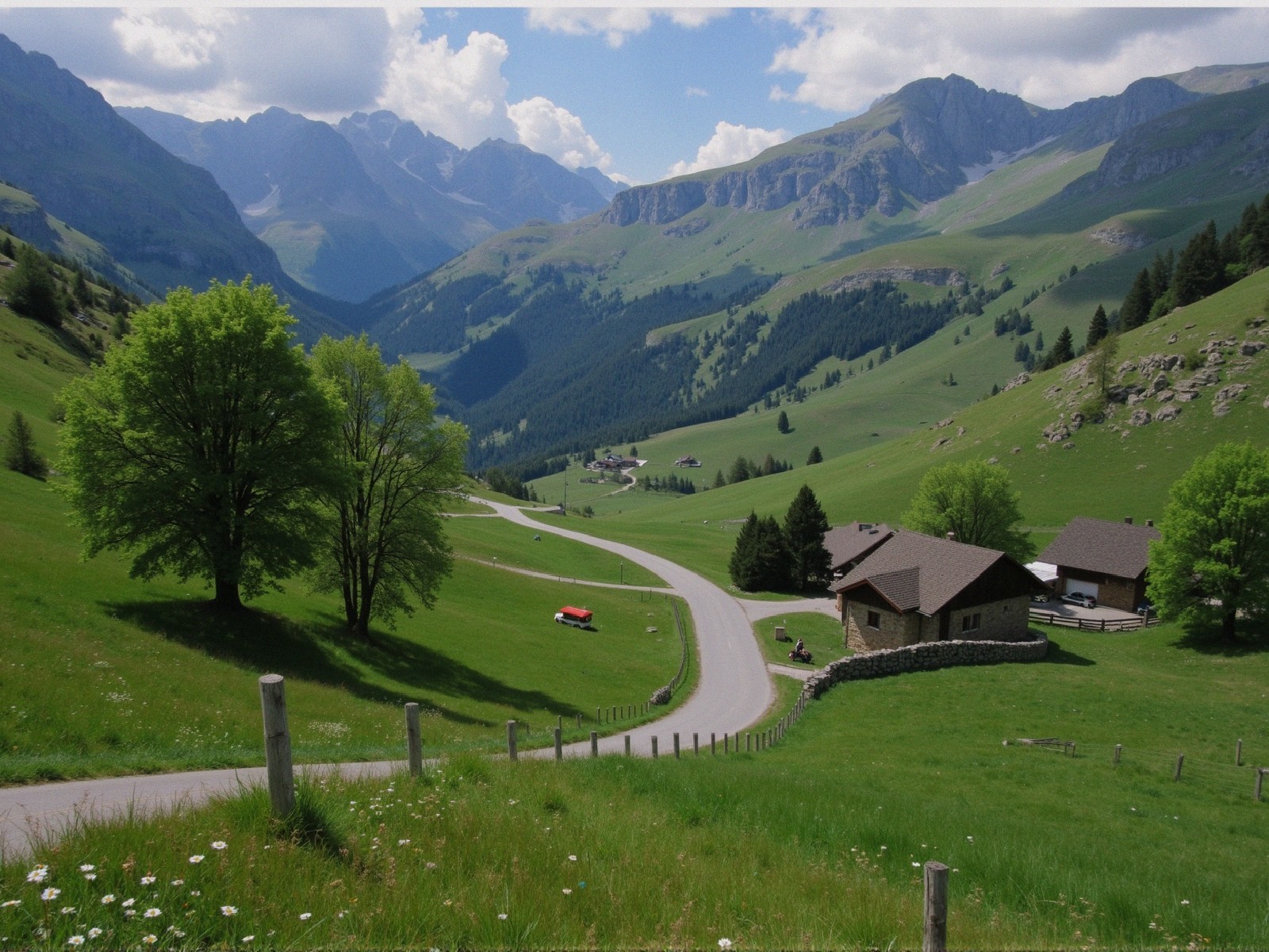 Serene valley with mountains, meadows, and a house