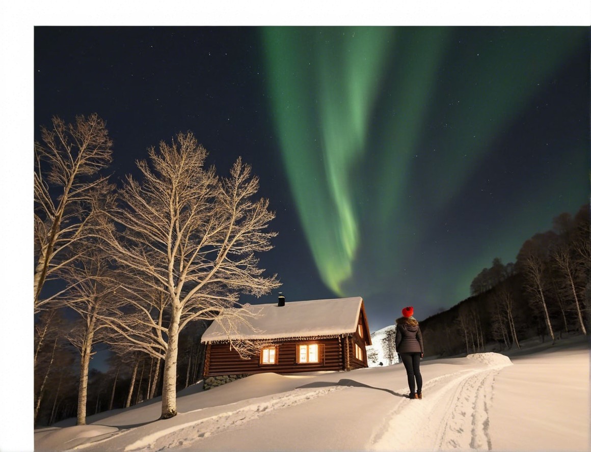 Cozy log cabin in serene winter landscape with Northern Lights
