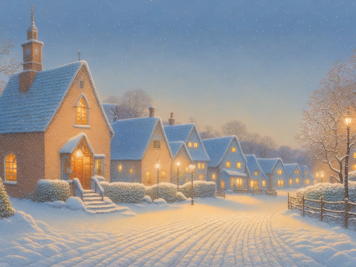 Winter Scene with Cottages and Snowy Atmosphere
