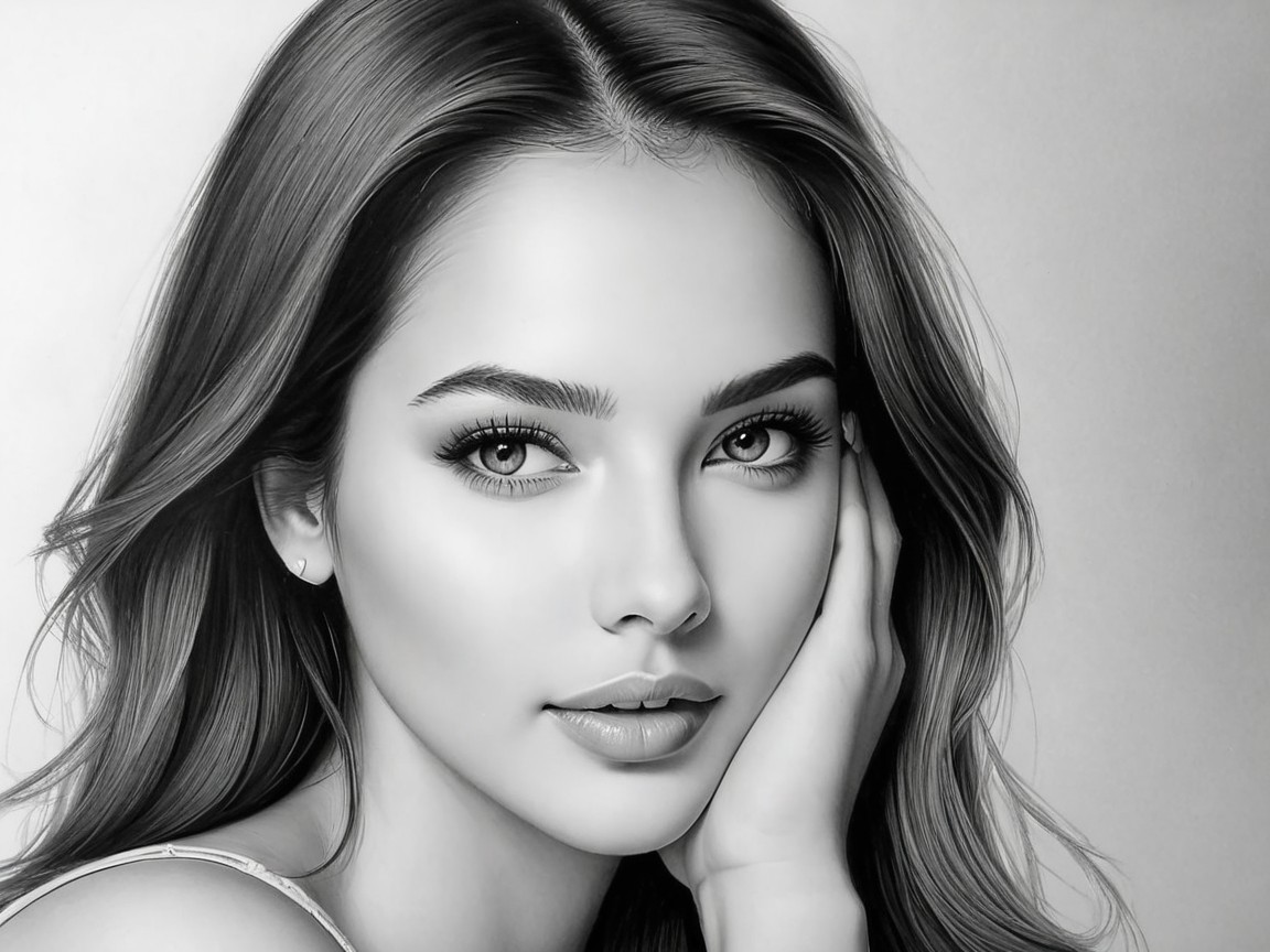 Black and white portrait of a young woman with long hair