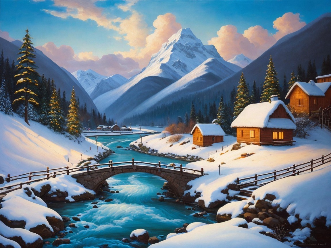 Winter Landscape with Snow-Covered Mountains and River