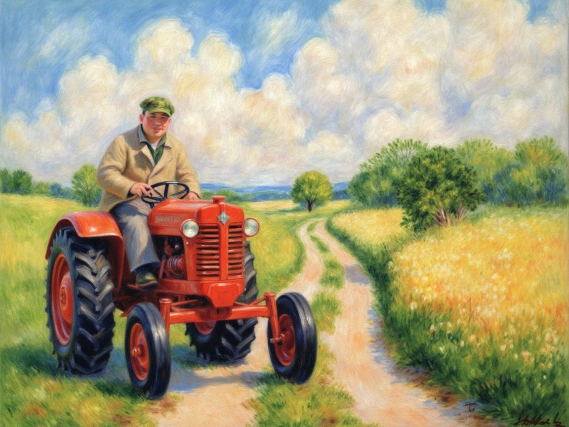 Farmer Driving Red Tractor on Winding Dirt Path