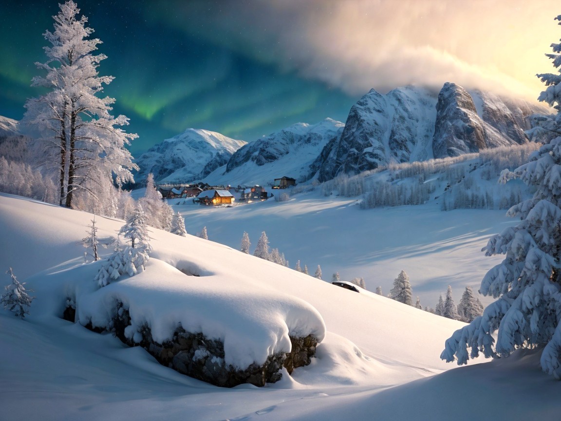 Snow-Covered Mountain Village with Aurora Borealis