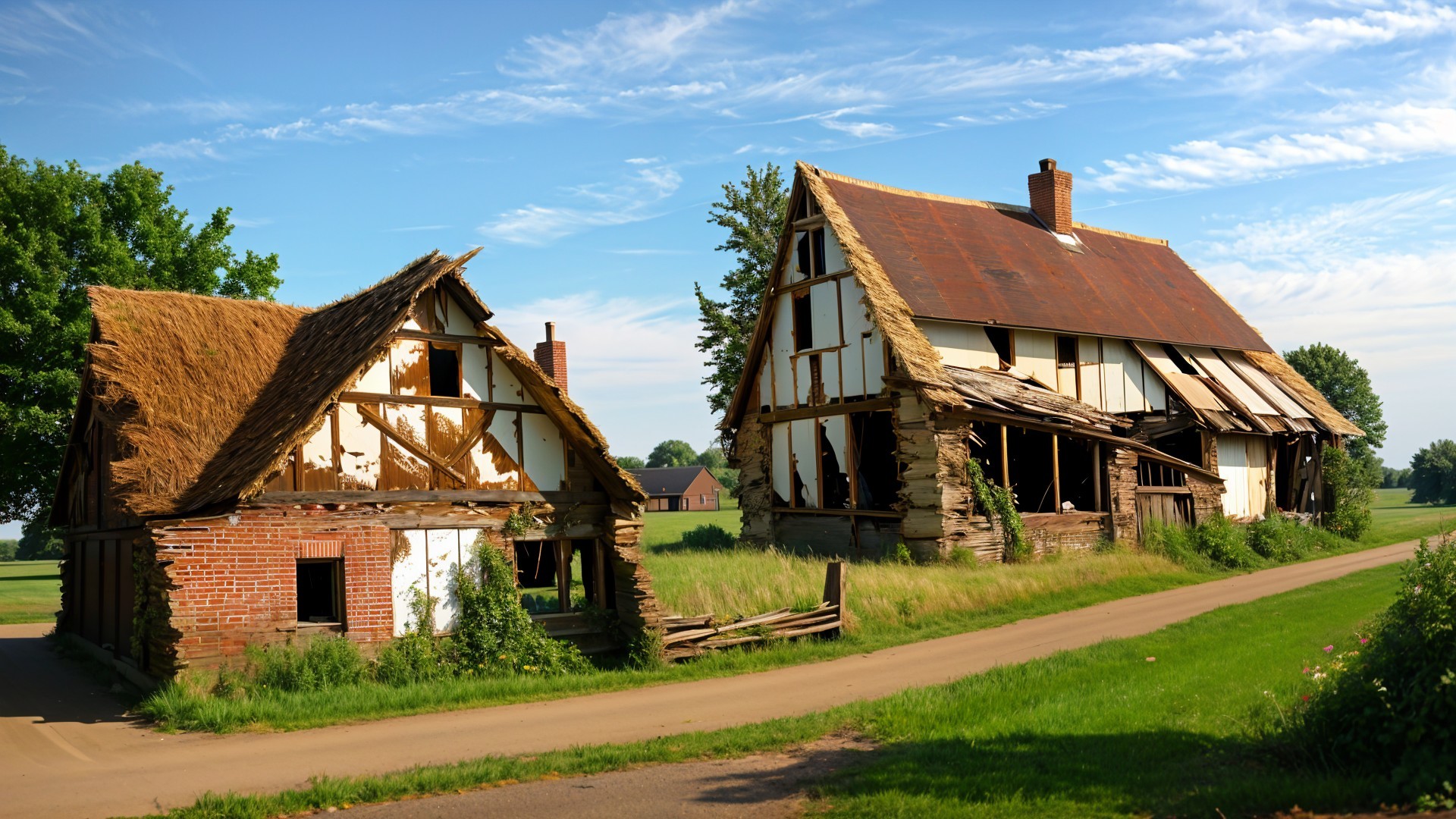 Dilapidated Houses on a Dirt Road Surrounded by Grass