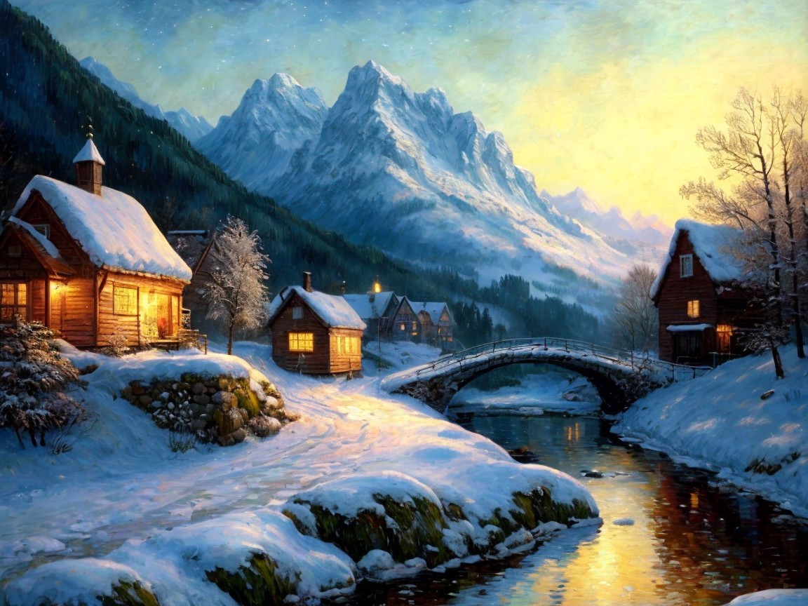 Serene Winter Landscape with Cabins and Mountains