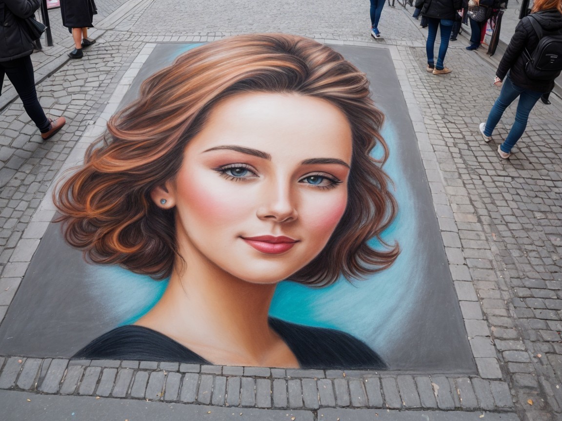 Vibrant Street Chalk Art of a Young Woman with Blue Eyes