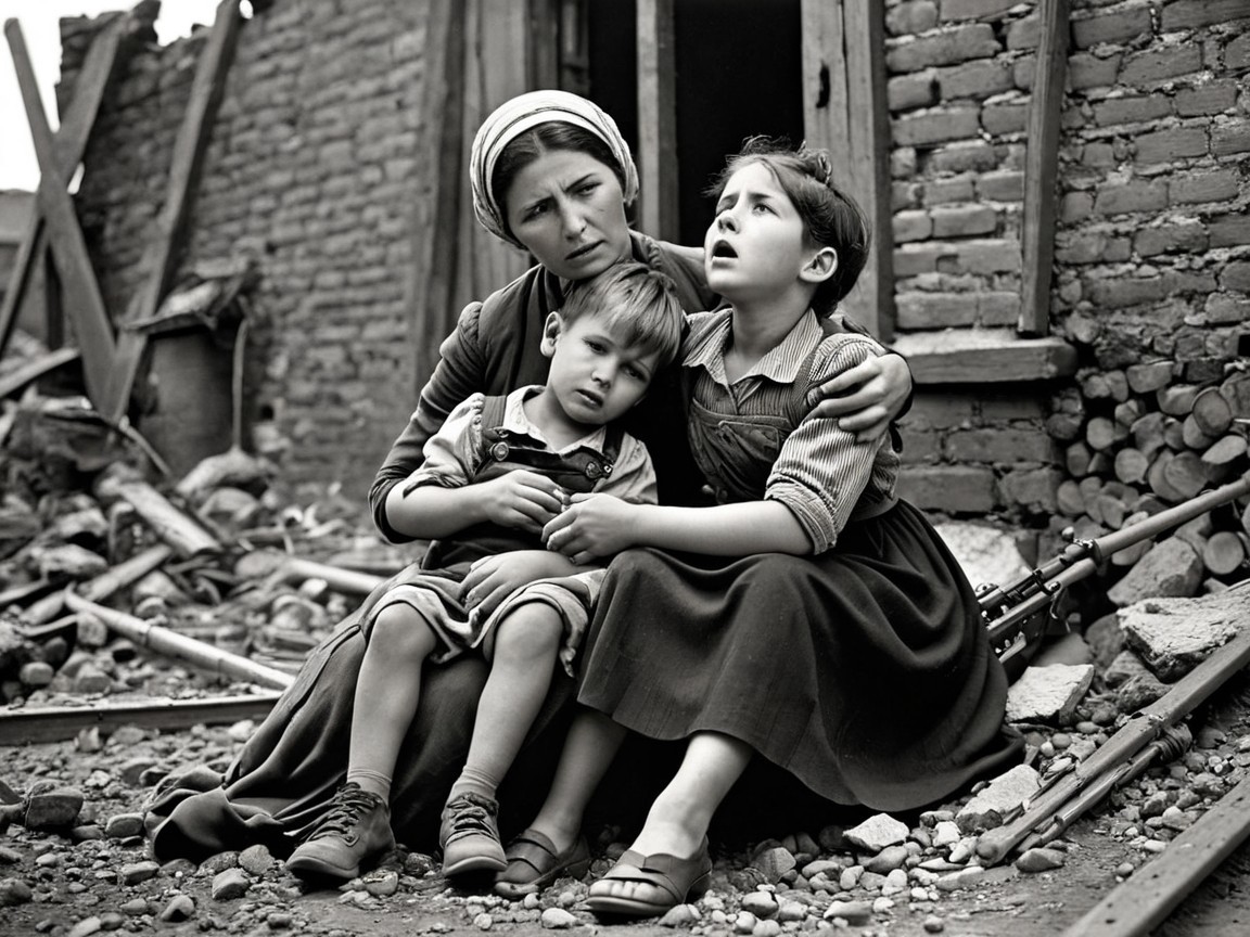 Mother and children in a black-and-white ruin scene