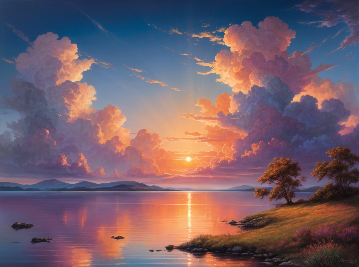 Vibrant Landscape Painting of Sunset Over Water