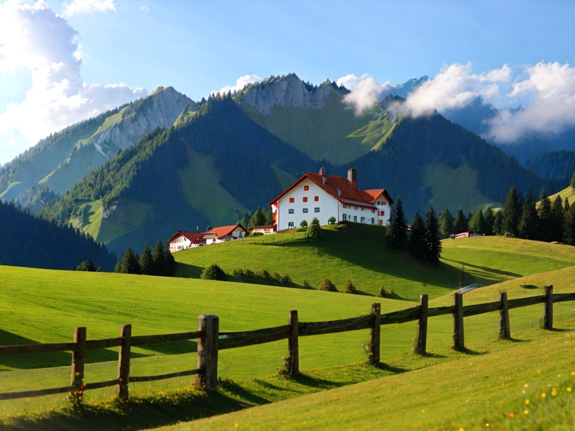 Charming White House on a Green Hill with Mountains