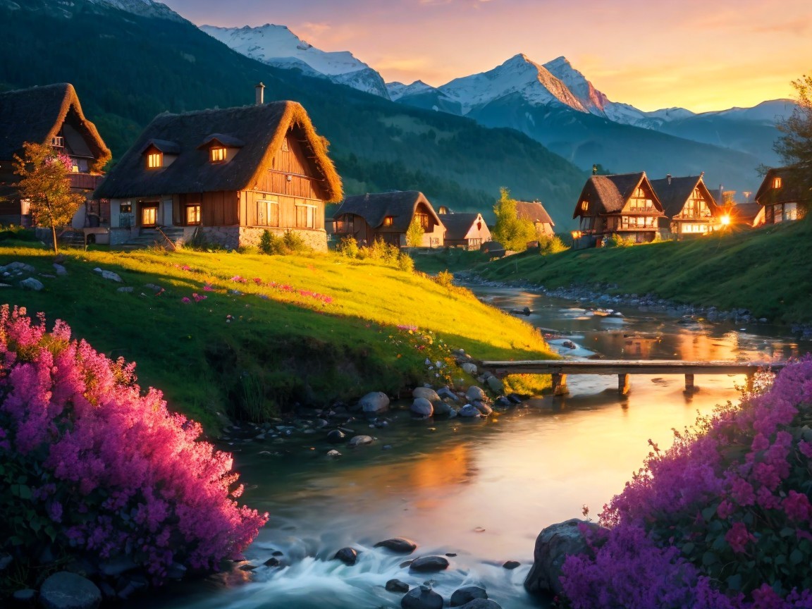 Serene Village Scene at Sunset with Lush Landscape