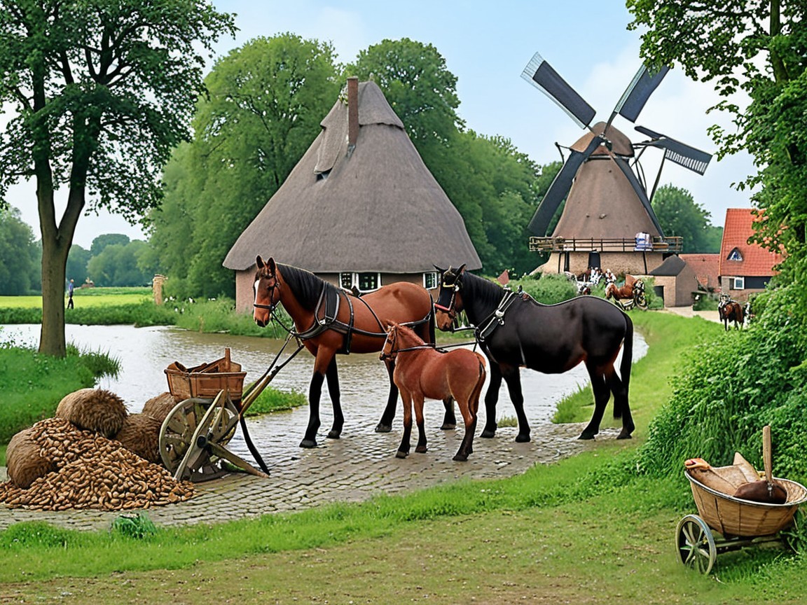 Serene Countryside Scene with Horses and Cottage