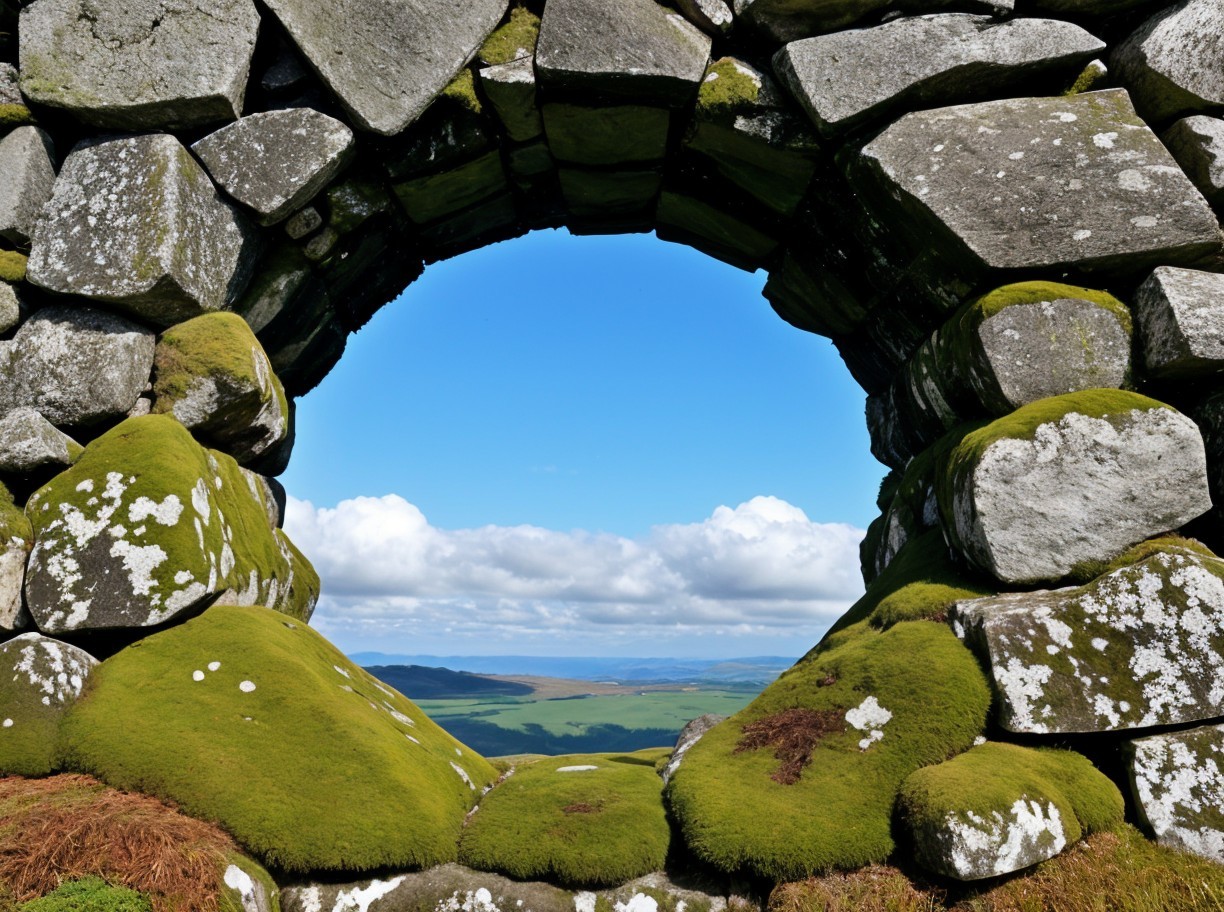 Stone Archway with Scenic Hills and Sky View