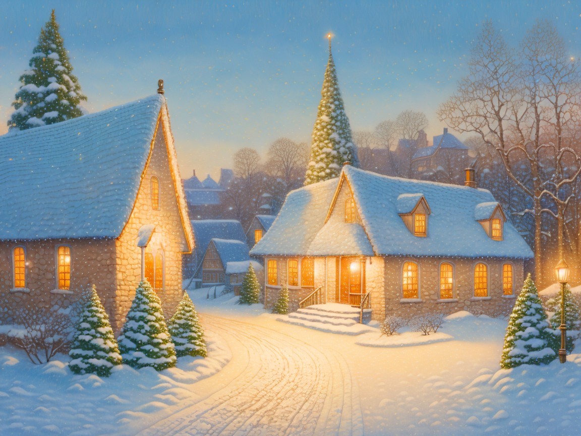 Charming Winter Scene with Snowy Cottages and Lights