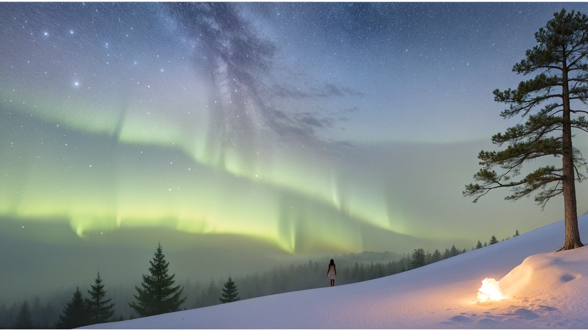 Winter Landscape with Auroras and Snowy Hill
