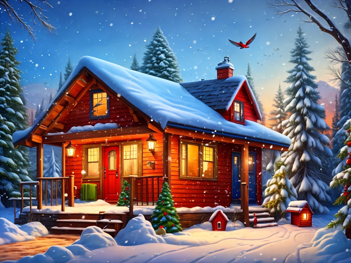 Red Cabin Surrounded by Snowy Evergreens at Sunset