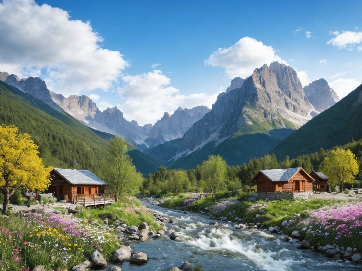 Serene Landscape with Cabins by a Flowing River