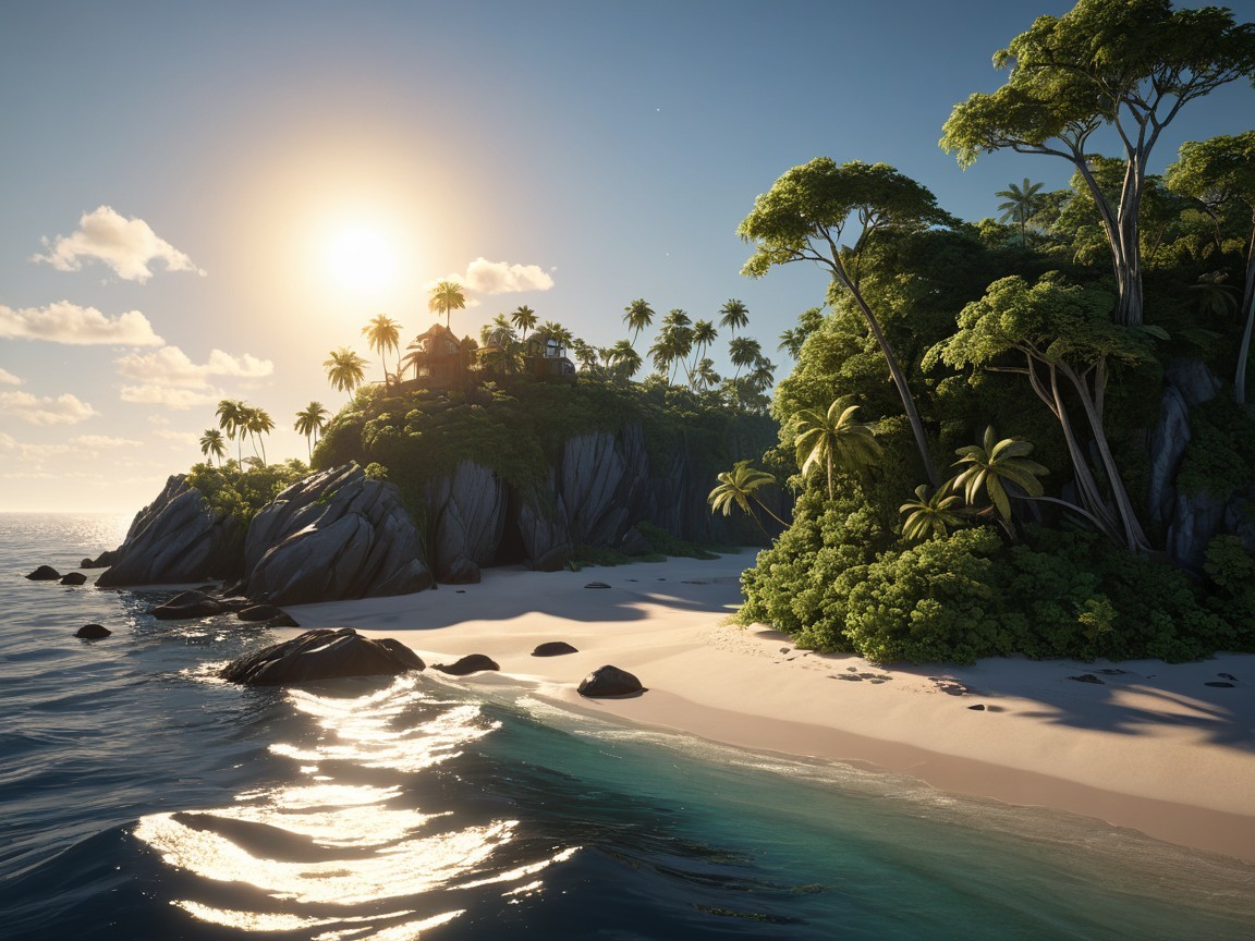 Tropical Landscape with Rocky Shoreline and Sunset