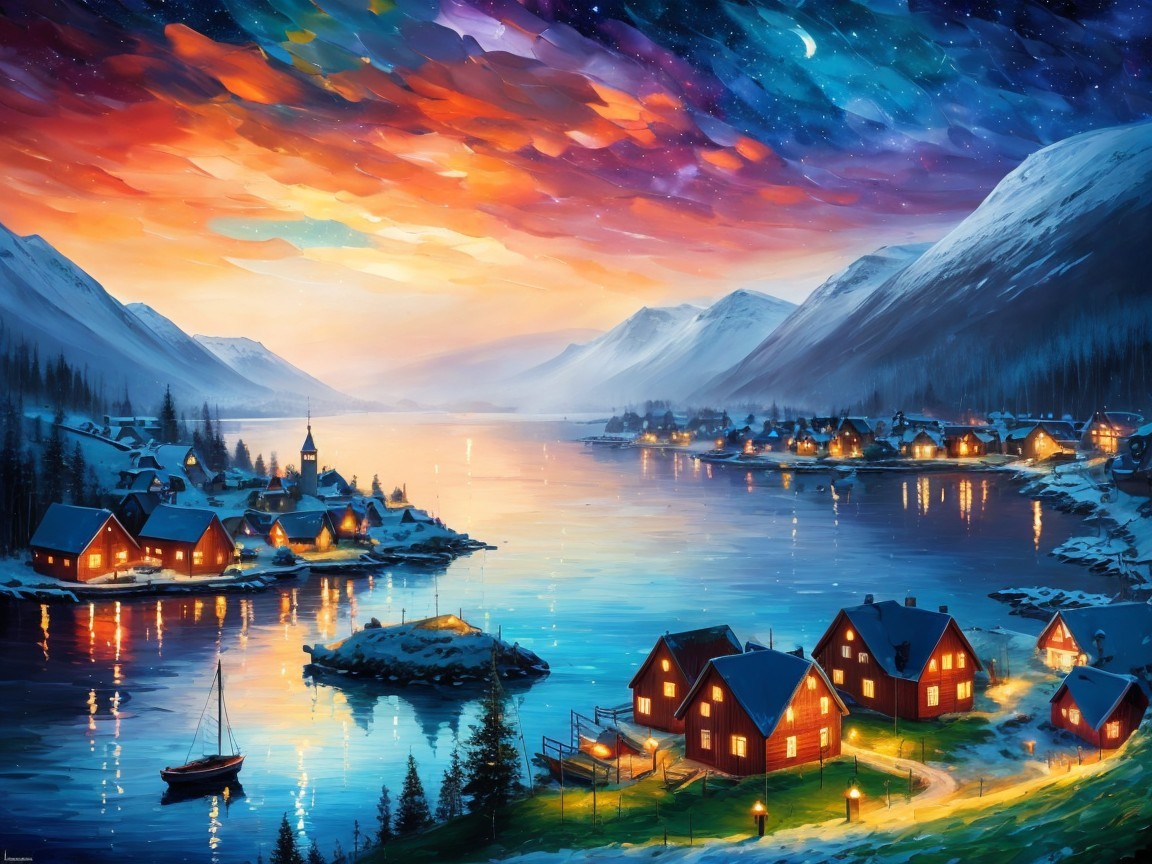 Snow-Covered Norwegian Fishing Village at Dusk