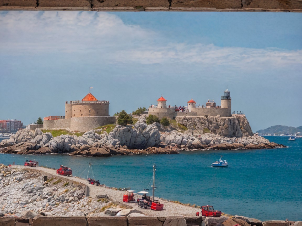 Coastal Scene with Rocky Island and Historic Fortifications