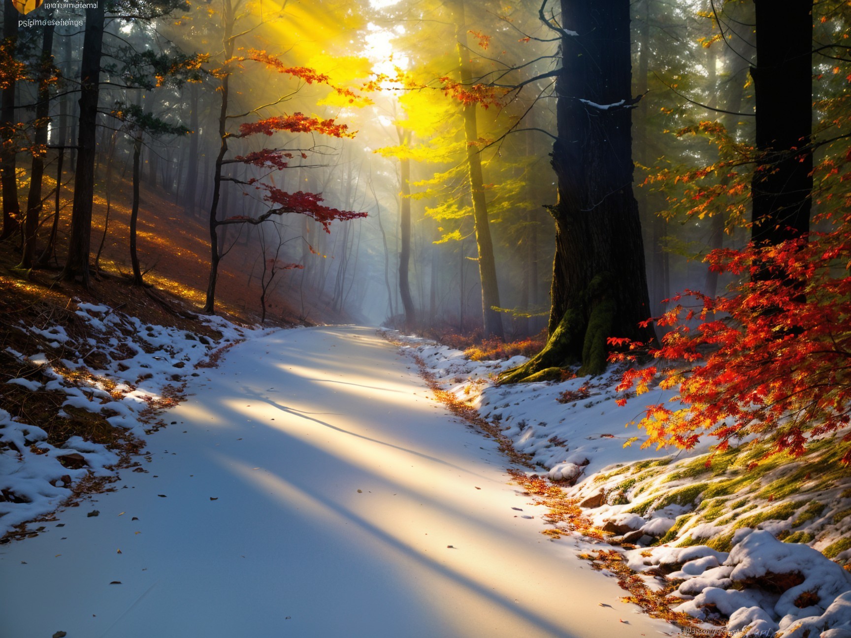 Woodland Pathway in Golden Sunlight and Snow