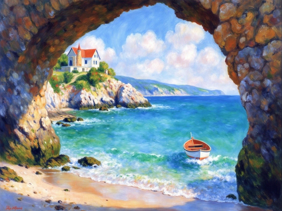 Coastal Scene with House and Rocky Archway View