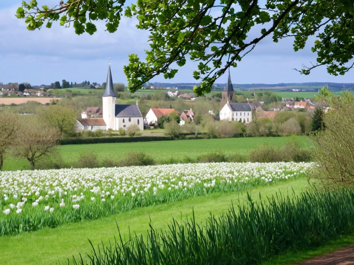 Picturesque Rural Landscape with Churches and Flowers