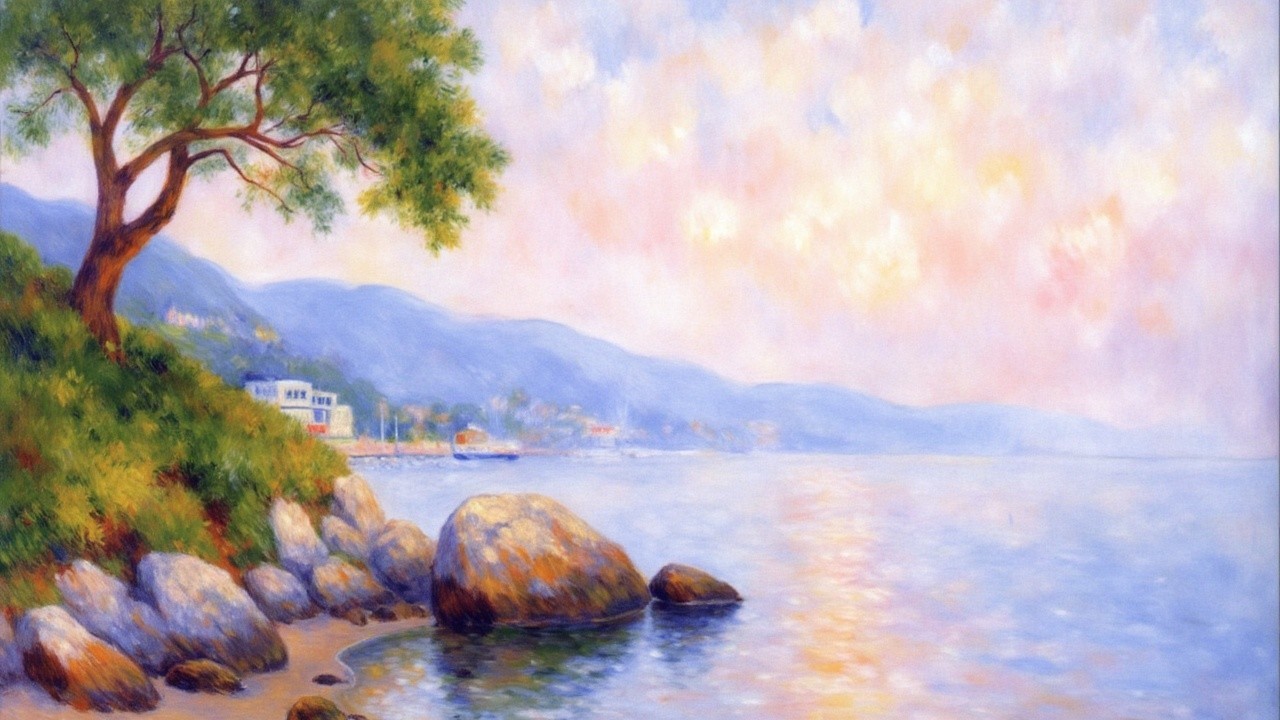 Serene Landscape with Shoreline and Colorful Pebbles