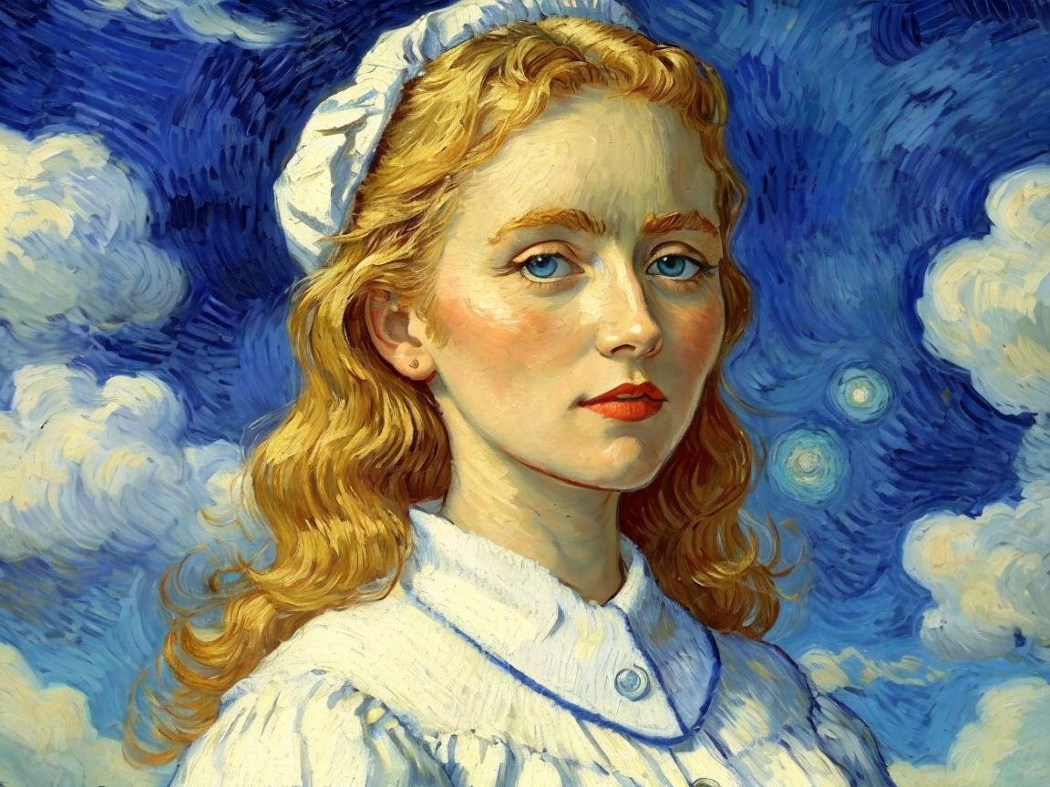 Portrait of a Young Woman with Blonde Hair and Blue Eyes