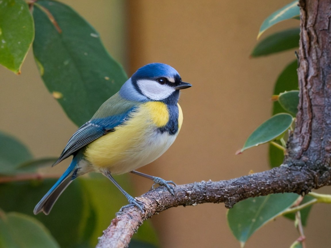 Blue Tit Bird on Dark Brown Tree Branch Description