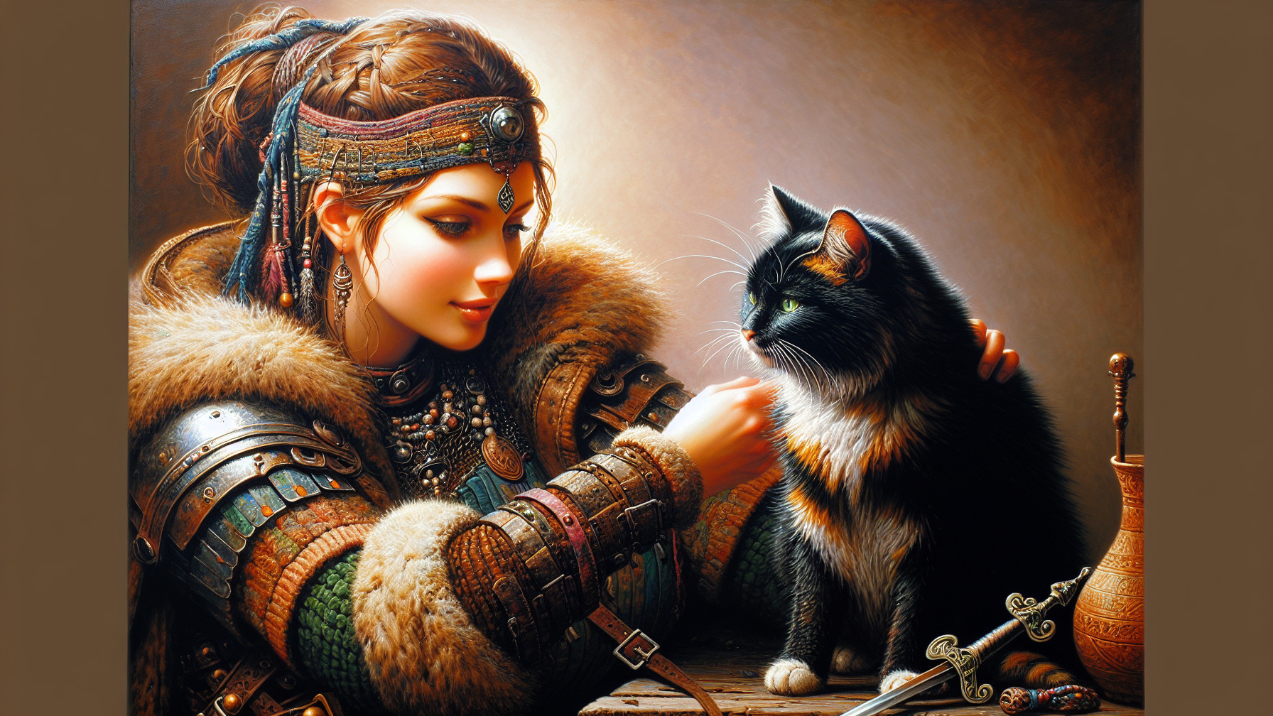 Warrior Woman in Armor with Calico Cat Companion