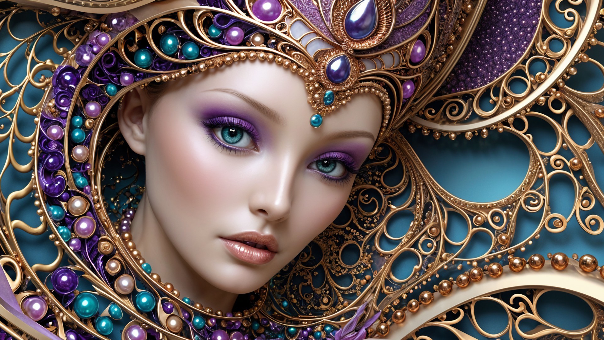 Ethereal Woman with Blue-Green Eyes and Opulent Attire