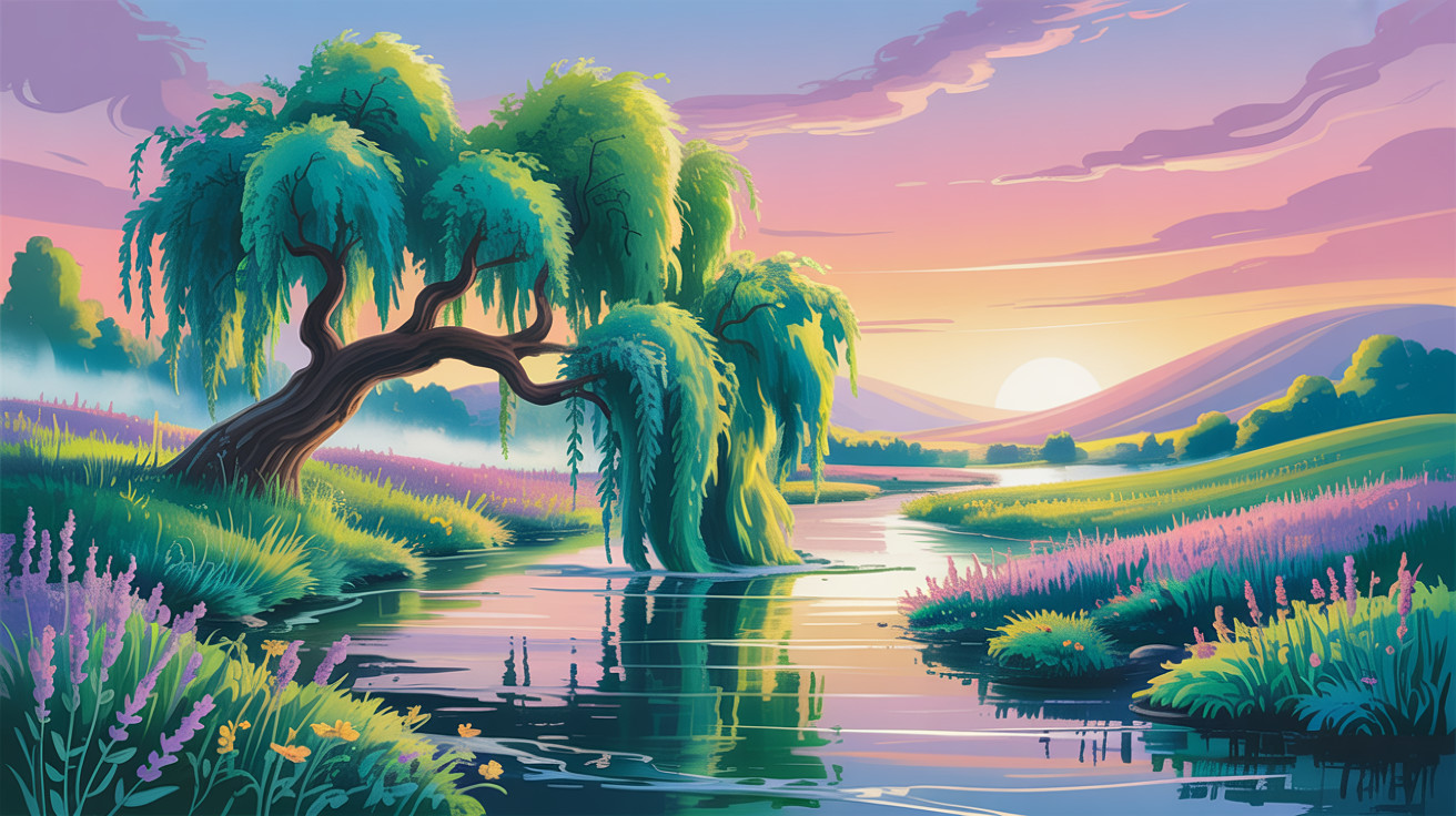 Tranquil Landscape with River and Pastel Sunset