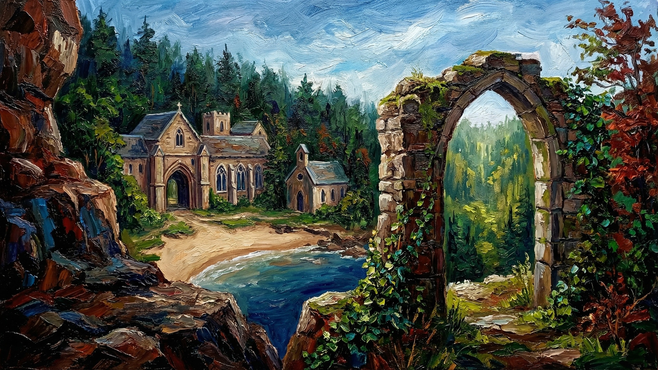 Gothic Building by the Beach with Stone Archway