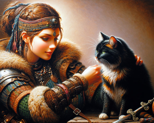 Warrior Woman in Armor with Calico Cat Companion