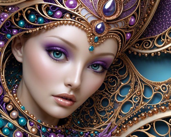 Ethereal Woman with Blue-Green Eyes and Opulent Attire