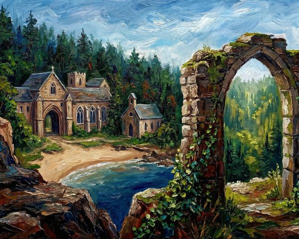 Gothic Building by the Beach with Stone Archway