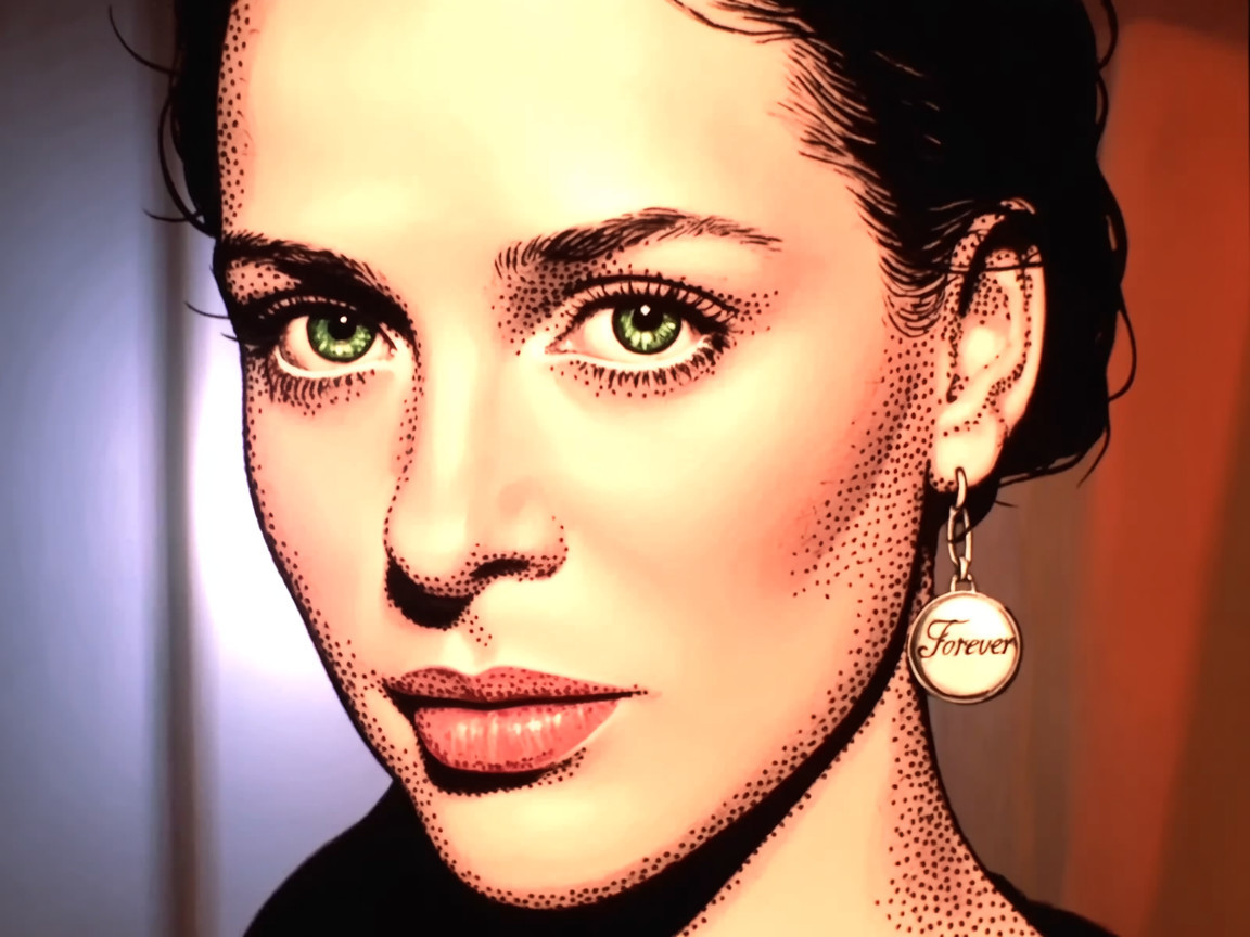 Pop Art Portrait of a Woman with Green Eyes and Dark Hair