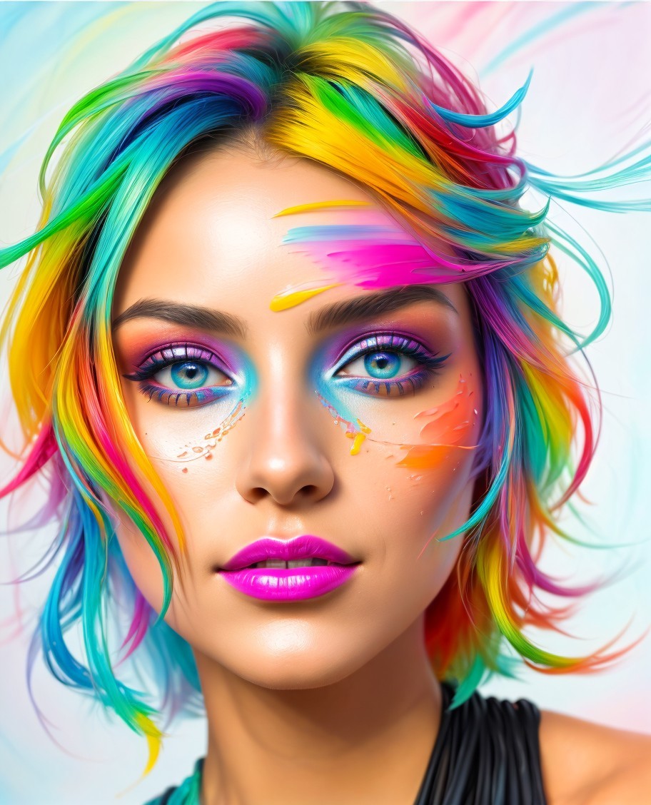 Vibrant Portrait of a Young Woman with Colorful Makeup
