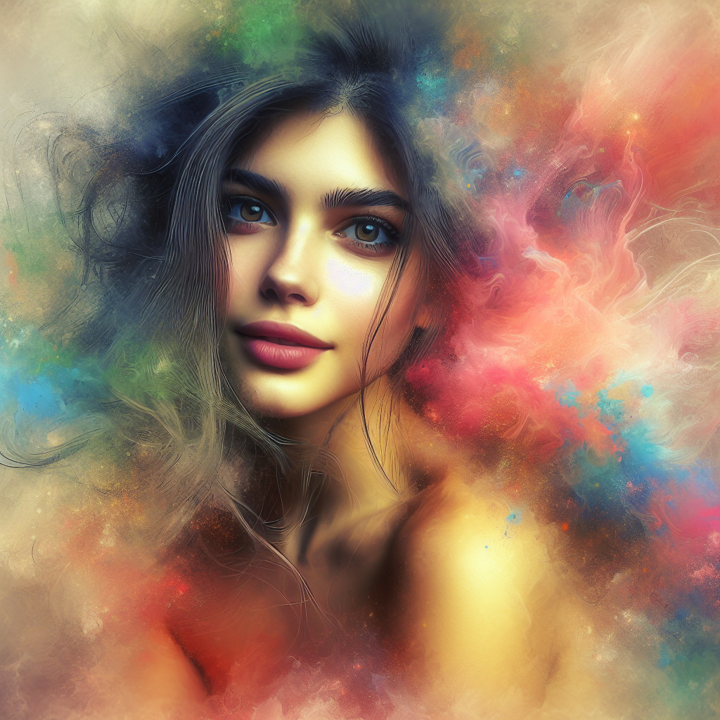 Portrait of a Young Woman with Blue Eyes and Pastel Background