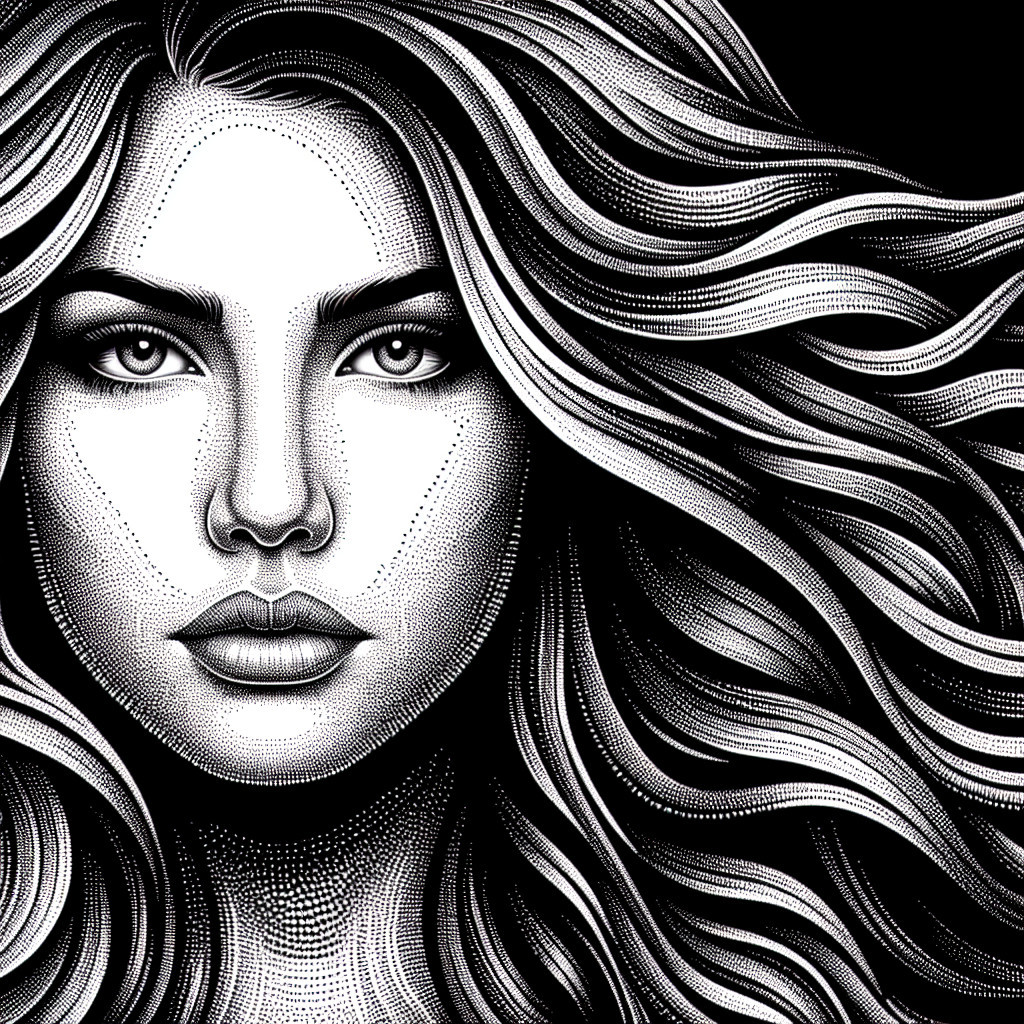 Black-and-White Portrait of a Woman with Intricate Patterns