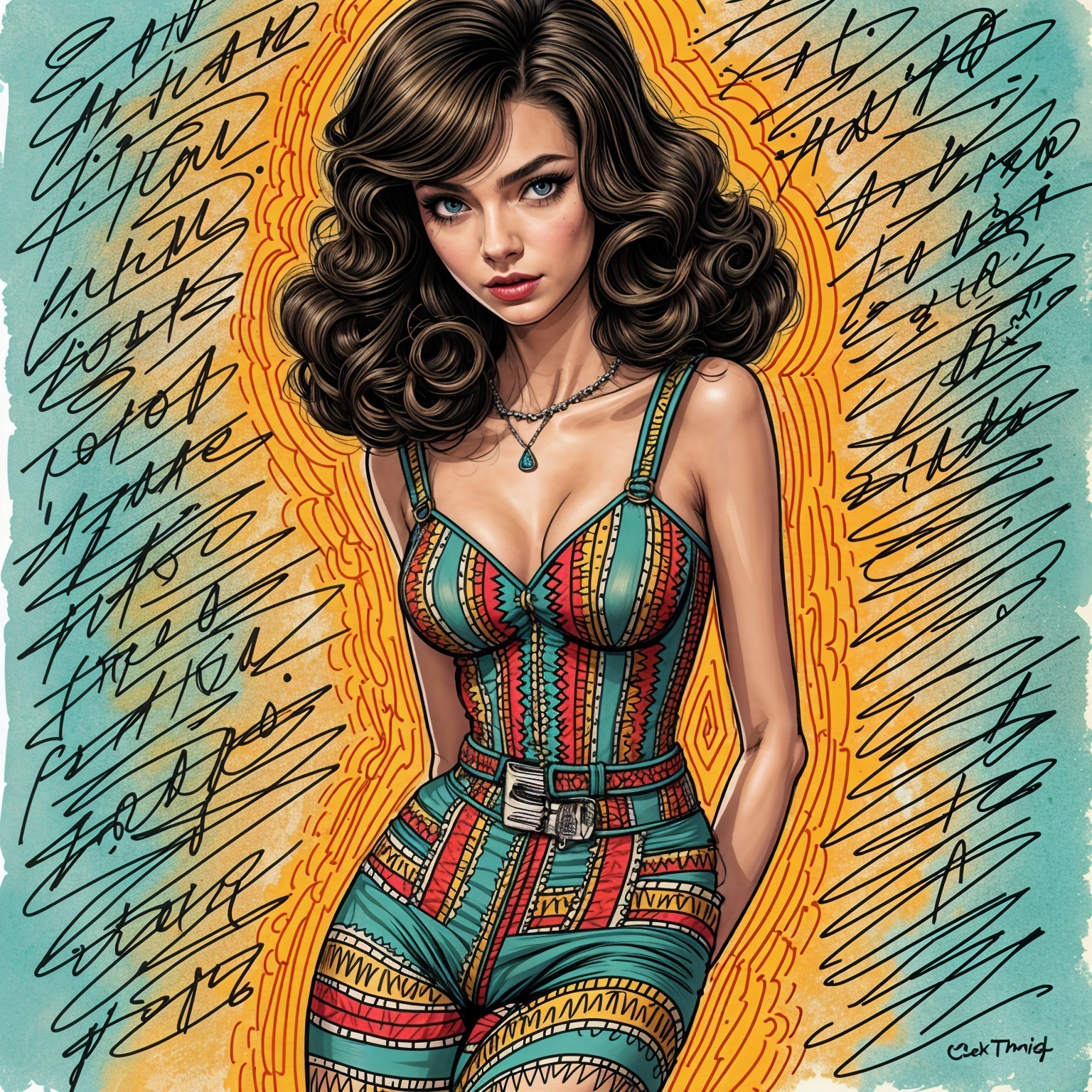 Stylish Woman in Vibrant Patterned Jumpsuit and Backdrop